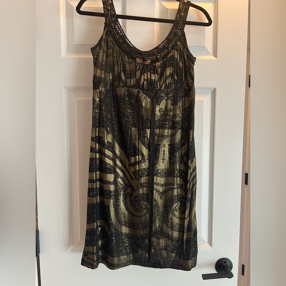 Nika party dress - size small, black and gold with a tie front and jewels